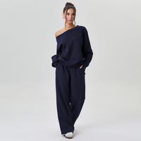 Women's Solid Color Sloping Shoulder Long Sleeve Top & Wide Leg Trousers